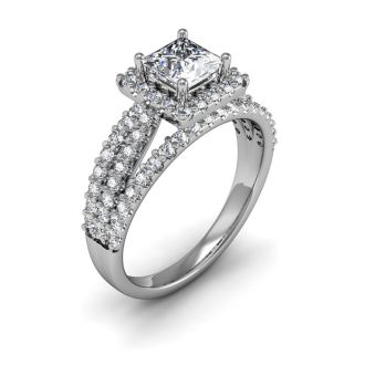 1 1/2 Carat Triple Band Princess Cut Halo Diamond Engagement Ring in 14 Karat White Gold