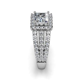 1 1/2 Carat Triple Band Princess Cut Halo Diamond Engagement Ring in 14 Karat White Gold