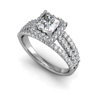 1 1/2 Carat Triple Band Princess Cut Halo Diamond Engagement Ring in 14 Karat White Gold