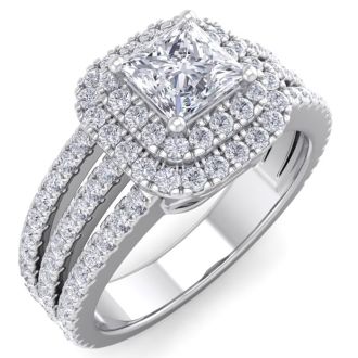 1 1/2 Carat Princess Shape Double Halo Diamond Engagement Ring In 14 Karat White Gold