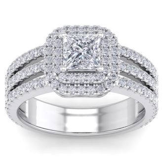 2 Carat Princess Shape Double Halo Diamond Engagement Ring In 14 Karat White Gold