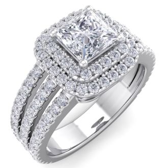 2 Carat Princess Shape Double Halo Diamond Engagement Ring In 14 Karat White Gold