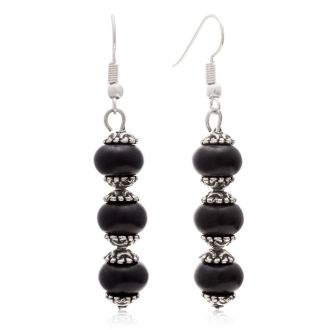 Trendy Three Stone Black Onyx Drop Dangle Earrings