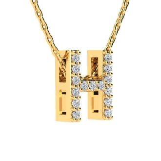 Letter H Diamond Initial Necklace In 14K Yellow Gold With 13 Diamonds