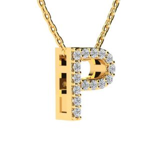 Letter P Diamond Initial Necklace In 14K Yellow Gold With 13 Diamonds