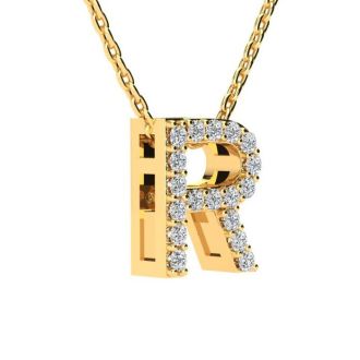 Letter R Diamond Initial Necklace In 14K Yellow Gold With 13 Diamonds