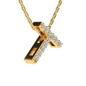 Letter T Diamond Initial Necklace In 14K Yellow Gold With 13 Diamonds