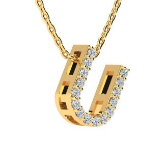 Letter U Diamond Initial Necklace In 14K Yellow Gold With 13 Diamonds