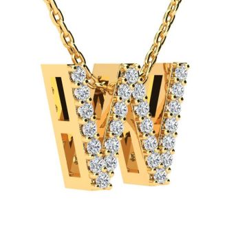 Letter W Diamond Initial Necklace In 14K Yellow Gold With 13 Diamonds