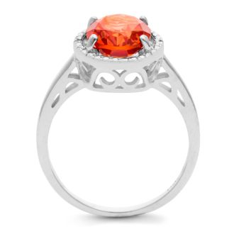 2.75ct Oval Created Padparadscha Sapphire and Diamond Halo Ring 