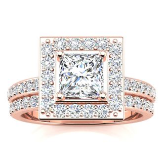 2 Carat Princess Cut Halo Diamond Bridal Set in 14k Rose Gold