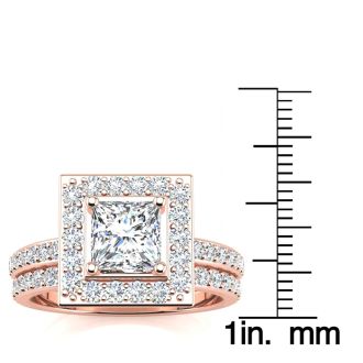 2 Carat Princess Cut Halo Diamond Bridal Set in 14k Rose Gold