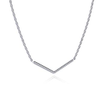 1/5ct V Bar Diamond Necklace, Sterling Silver, 18 Inches. Very High Quality.