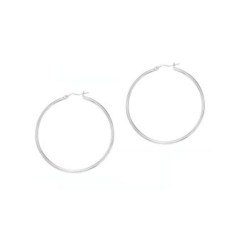 14 Karat White Gold Polish Finished 40mm Hoop Earrings With Hinge With Notched Closure