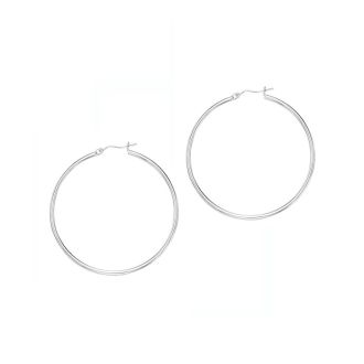 14 Karat White Gold Polish Finished 50mm Hoop Earrings With Hinge With Notched Closure