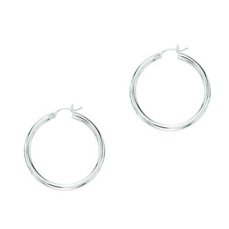 14 Karat White Gold Polish Finished 25mm Hoop Earrings With Hinge With Notched Closure