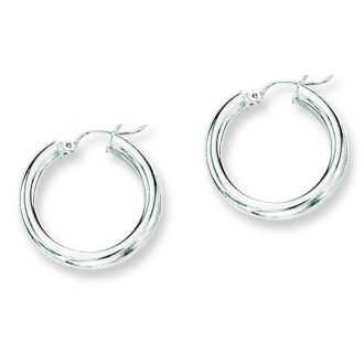 14 Karat White Gold Polish Finished 25mm Hoop Earrings With Hinge With Notched Closure