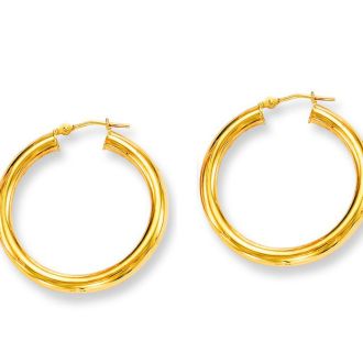 14 Karat Yellow Gold Polish Finished 30mm Hoop Earrings With Hinge With Notched Closure