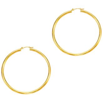 14 Karat Yellow Gold Polish Finished 50mm Hoop Earrings With Hinge With Notched Closure