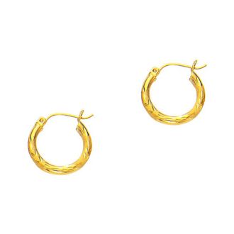 14 Karat Yellow Gold Polish Finished 15mm Diamond Cut Hoop Earrings With Hinge With Notched Closure