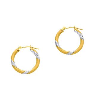 14 Karat Yellow and White Gold Polish Finished 20mm Diamond Cut Hoop Earrings With Hinge With Notched Closure