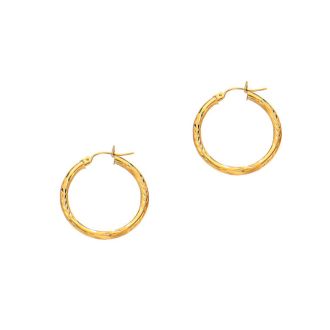 14 Karat Yellow Gold Polish Finished 25mm Diamond Cut Hoop Earrings With Hinge With Notched Closure