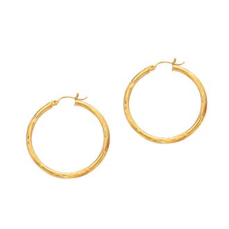 14 Karat Yellow Gold Polish Finished 35mm Diamond Cut Hoop Earrings With Hinge With Notched Closure