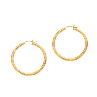 14 Karat Yellow Gold Polish Finished 35mm Diamond Cut Hoop Earrings With Hinge With Notched Closure