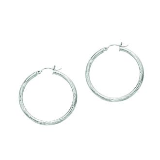 14 Karat White Gold Polish Finished 35mm Diamond Cut Hoop Earrings With Hinge With Notched Closure