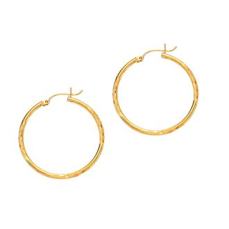 14 Karat Yellow Gold Polish Finished 45mm Diamond Cut Hoop Earrings With Hinge With Notched Closure