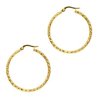 14 Karat Yellow Gold Polish Finished 27mm etched Hoop Earrings With Hinge With Notched Closure