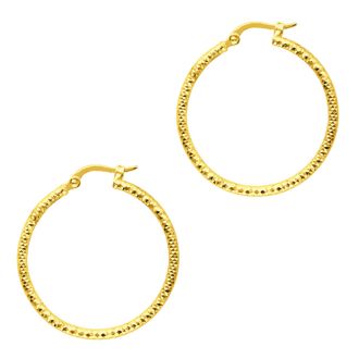 14 Karat Yellow Gold Polish Finished 25mm Etched Hoop Earrings With Hinge With Notched Closure