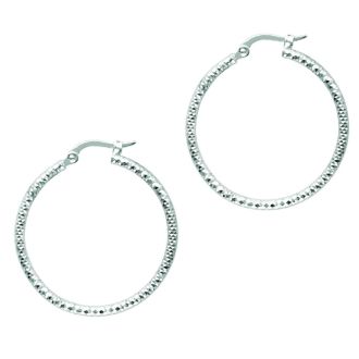 14 Karat White Gold Polish Finished 25mm Etched Hoop Earrings With Hinge With Notched Closure
