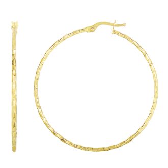 14 Karat Yellow Gold Polish Finished 45mm Textured Hoop Earrings With Hinge With Notched Closure