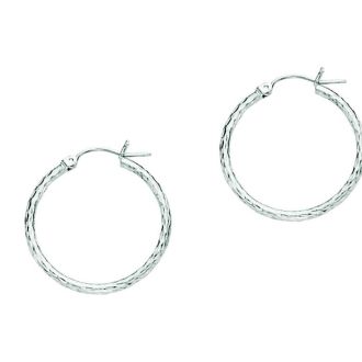 14 Karat White Gold Polish Finished 25mm Etched Hoop Earrings With Hinge With Notched Closure