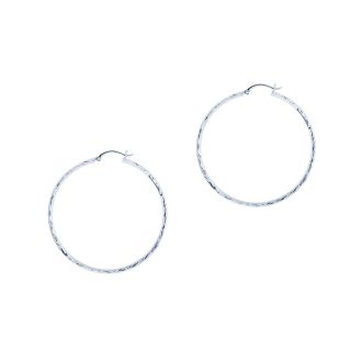 14 Karat White Gold Polish Finished 30mm Etched Hoop Earrings With Hinge With Notched Closure