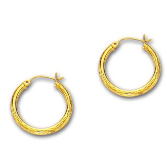 14 Karat Yellow Gold Polish Finished 25mm Etched Hoop Earrings With Hinge With Notched Closure