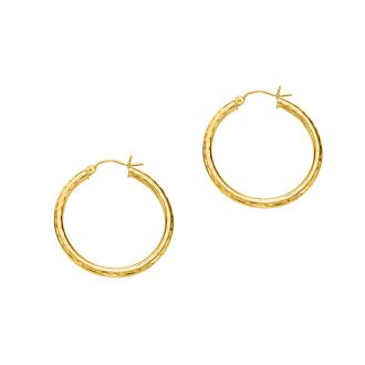 14 Karat Yellow Gold Polish Finished 30mm Etched Hoop Earrings With Hinge With Notched Closure