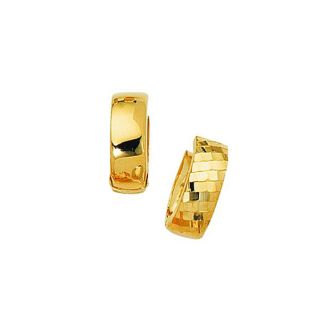 14 Karat Yellow Gold Polish Finished 15mm Checkered Snuggie Hoop Earrings With Hidden Snap Backs