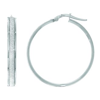 14 Karat White Gold Polish Finished 28mm Laser Finished Glitter Hoop Earrings With Hinge With Notched Closure
