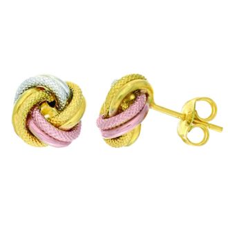 14 Karat Tri-Tone Yellow, White and Rose Gold Polish Finished 9mm Textured Love Knot Stud Earrings With Friction Backs