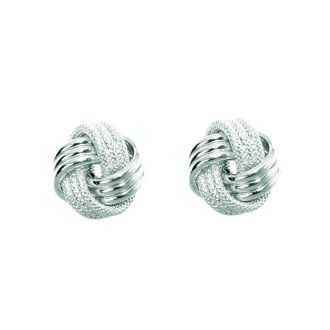 14 Karat White Gold Polish Finished 9mm Multi-Textured Love Knot Stud Earrings With Friction Backs 