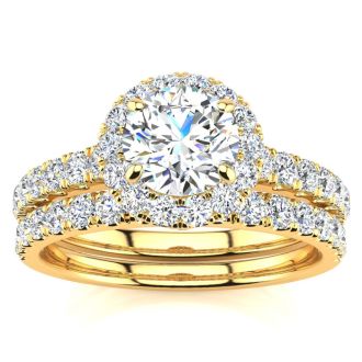 1 1/2 Carat Pave Halo Diamond Bridal Set in 14k Yellow Gold