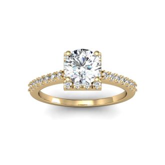 1.40 Carat Square Halo With Round Brilliant Solitaire Diamond Engagement Ring in 14 Karat Yellow Gold