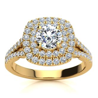 1 Carat Double Halo Diamond Engagement Ring in 14 Karat Yellow Gold