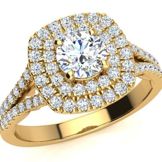 1 Carat Double Halo Diamond Engagement Ring in 14 Karat Yellow Gold
