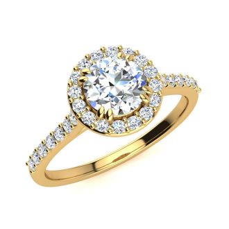 1 Carat Round Halo Diamond Engagement Ring in 14K Yellow Gold. Very Popular, Super Beautiful, Classically Elegant
