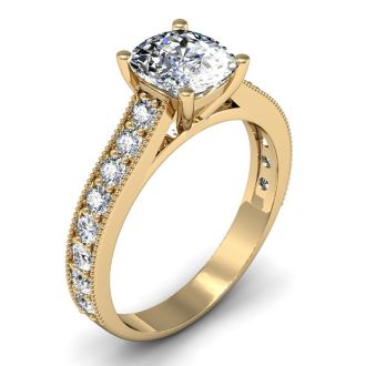 1 1/2 Carat Diamond Engagement Ring With 1 Carat Cushion Cut Center Diamond In 14K Yellow Gold