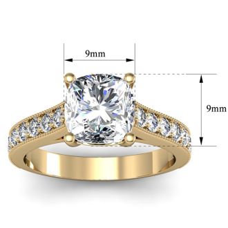 2 Carat Diamond Engagement Ring With 1 1/2 Carat Cushion Cut Center Diamond In 14K Yellow Gold
