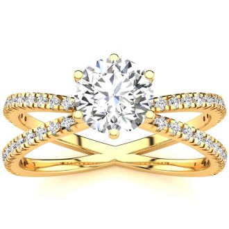Modern X Band 1.25 Carat Solitaire Engagement Ring With 48 Side Diamonds in 14K Yellow Gold